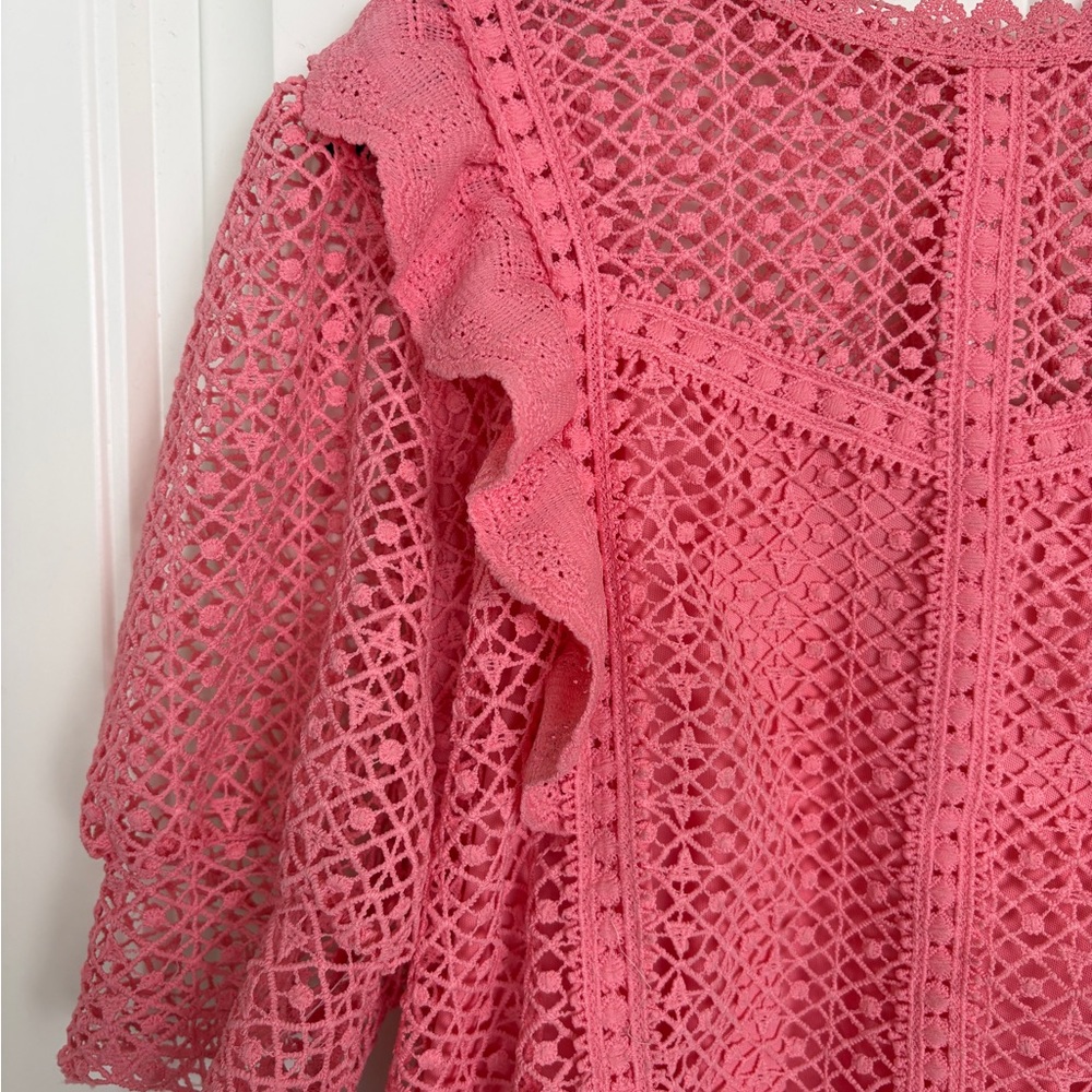 Romantic Pink Lace Blouse | Ruffle Detail | Feminine Spring Top - Picture 2 of 7